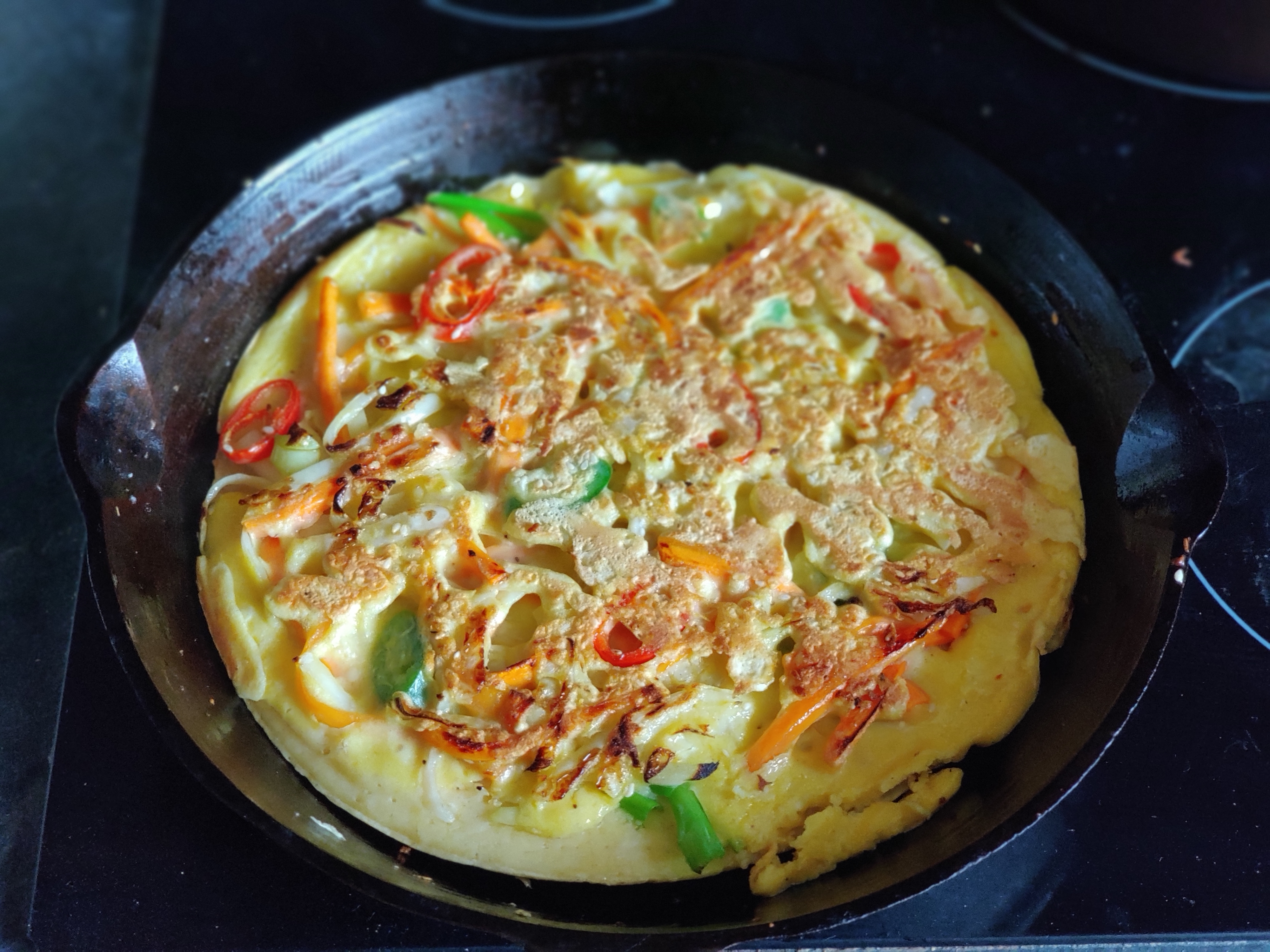 Pa Jeon (Korean Pancake) in the pan