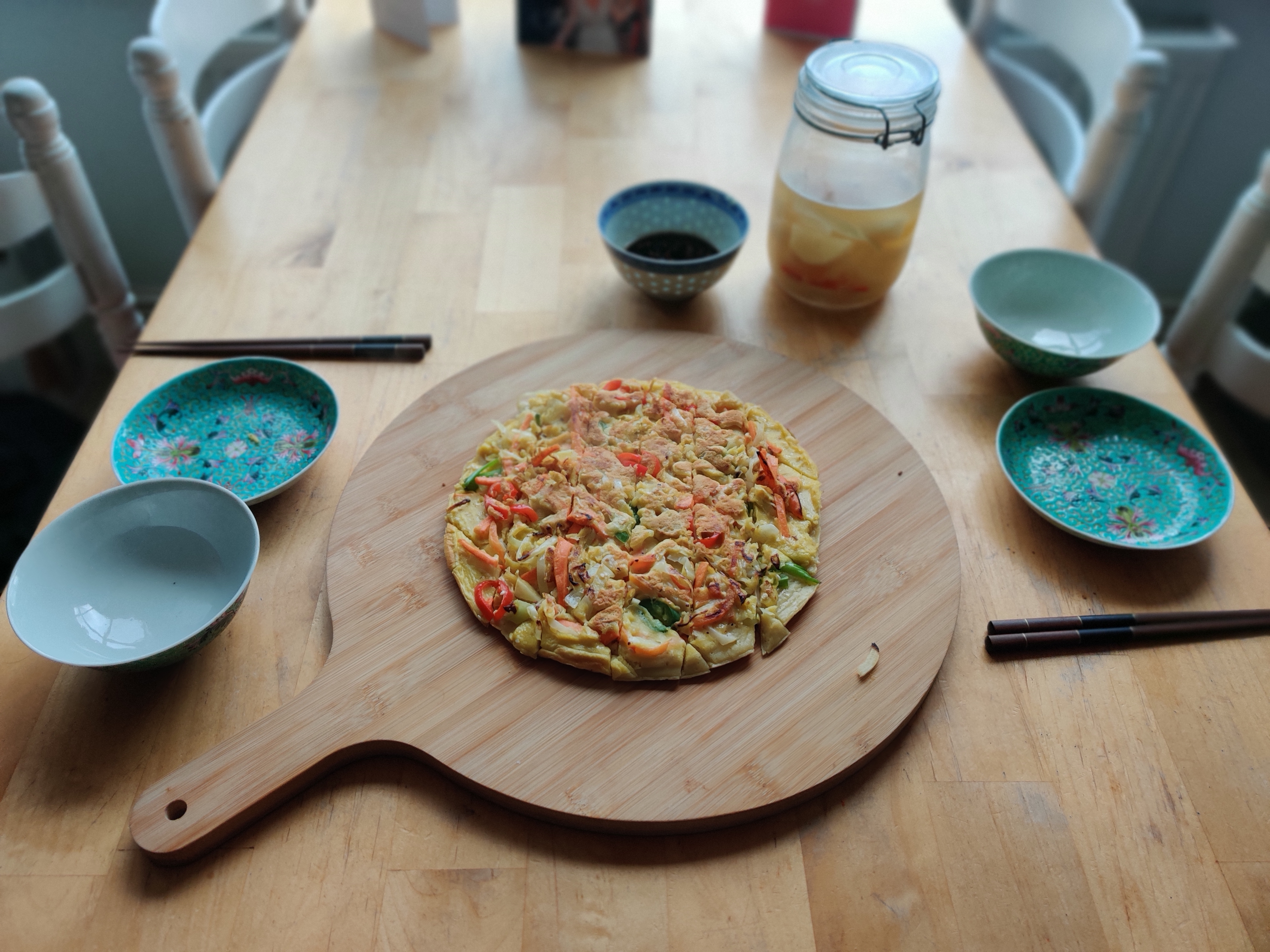 Pa Jeon (Korean Pancake) served with water radish kimchi